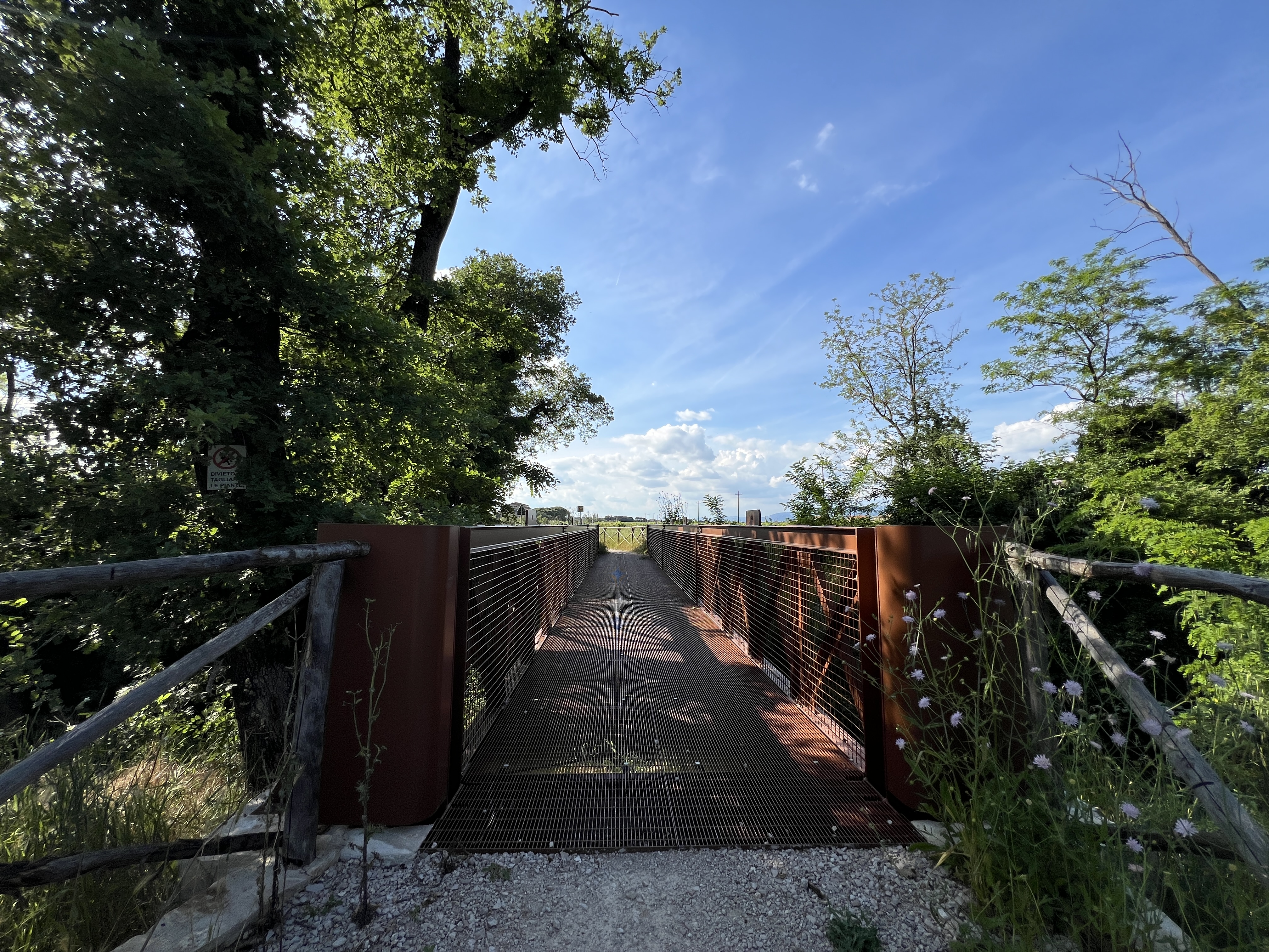 Metal bicycle-pedestrian bridge with railings on either side in a wooded area. A wooden fence on the left